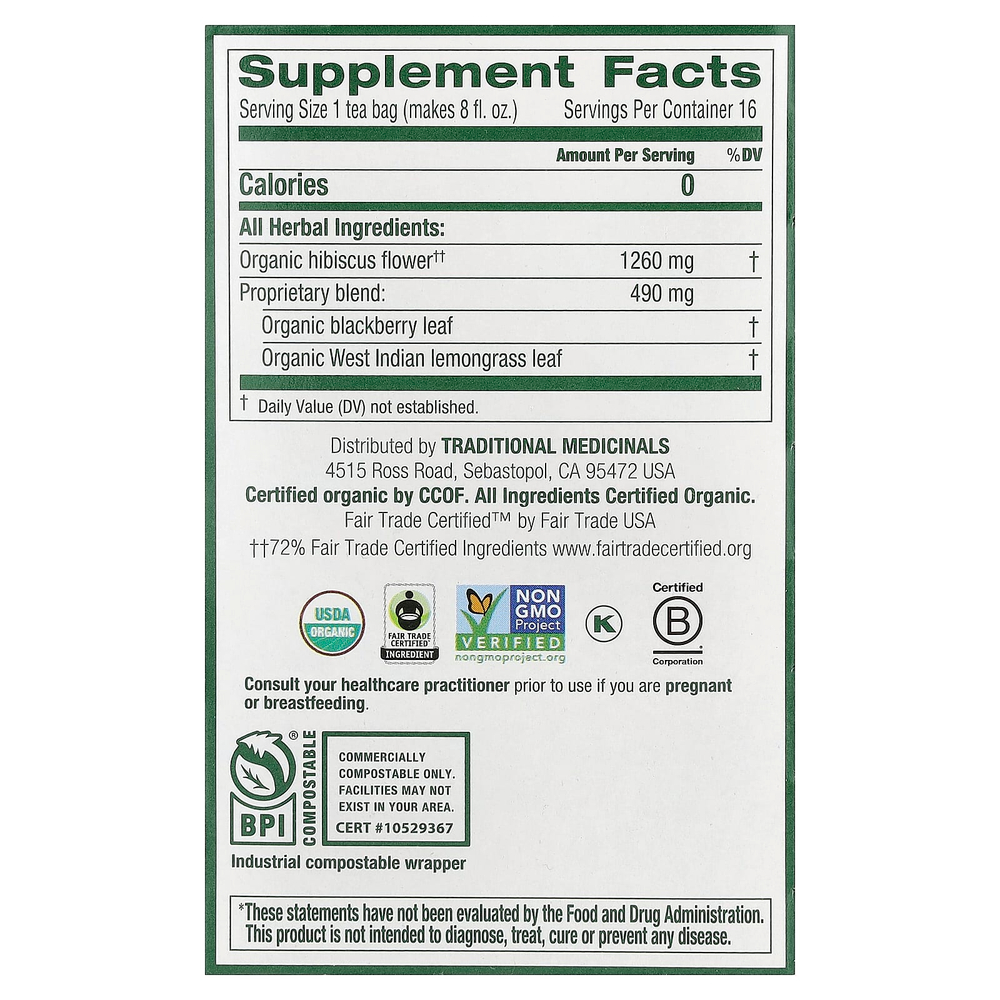 Traditional Medicinals, органический гибискус, без кофеина, 16 чайных пакетиков, 28 г (0,99 унции)