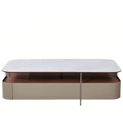 Журнальный столик 4636, белая керамика, шпон ореха, бежевая экокожа