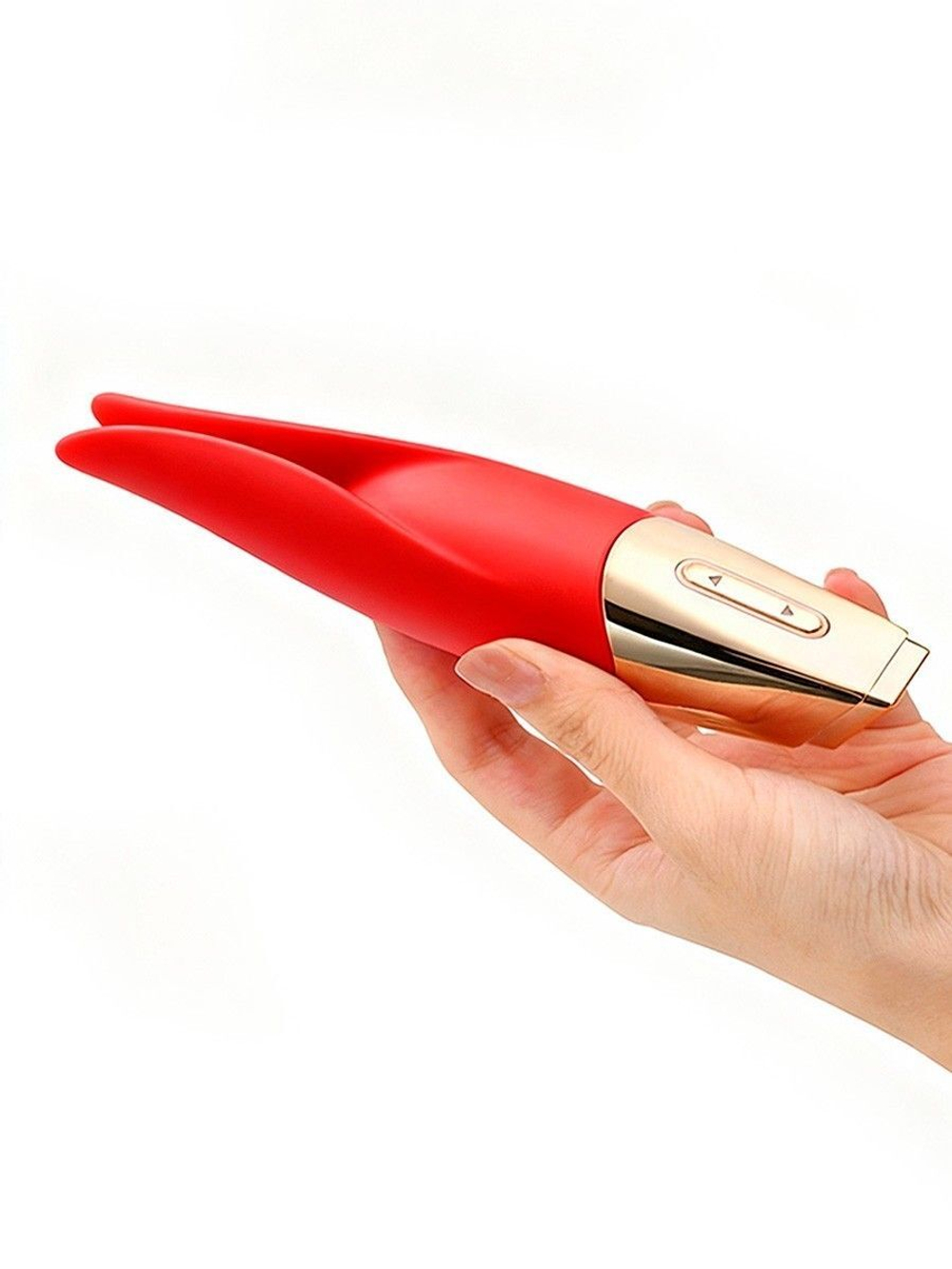 Красный мини-вибратор с раздвоенным кончиком - 12,3 см. (Цвет: красный)