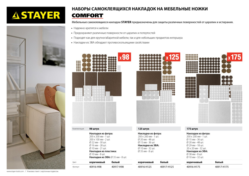 STAYER белые, самоклеящиеся, 175 шт, набор мебельных накладок (40917-H175)