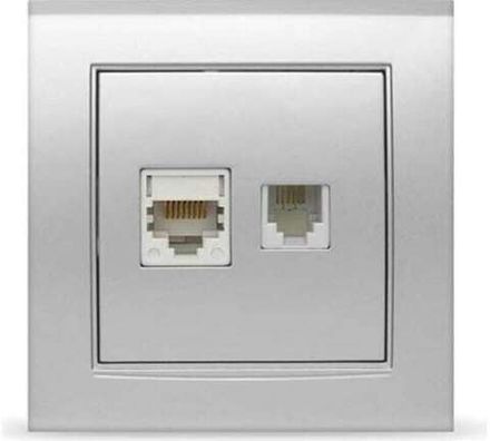 Розетка компьютерная+телефонная "UNIVersal" серия "Бриллиант", с/у, 1А, RJ45, RJ12, серебро (евросло