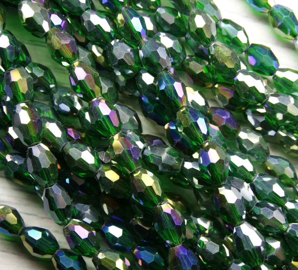 БО006ДС68 Хрустальные бусины-овалы, цвет: темно-зеленый AB прозрачный, размер 6х8 мм, кол-во: 25 шт.
