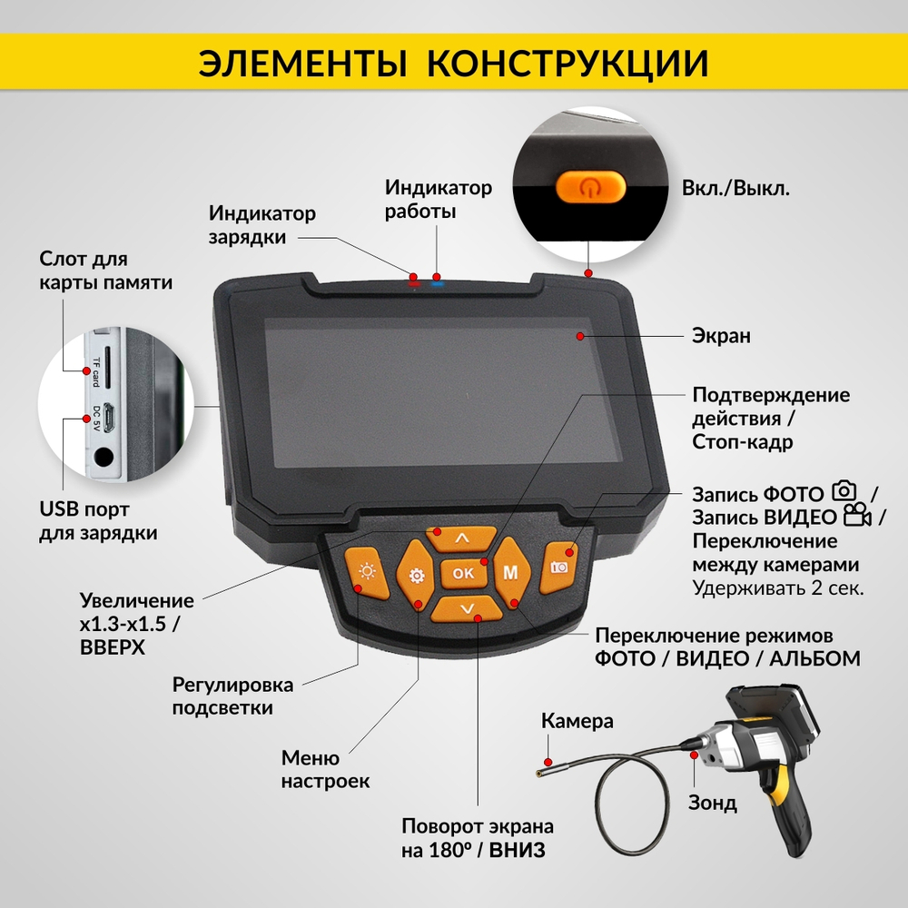 Видеоэндоскоп промышленный с 2 камерами, 4.3", 2Мп, 1м, 5.5 мм карта 16ГБ iCartool IC-V112B