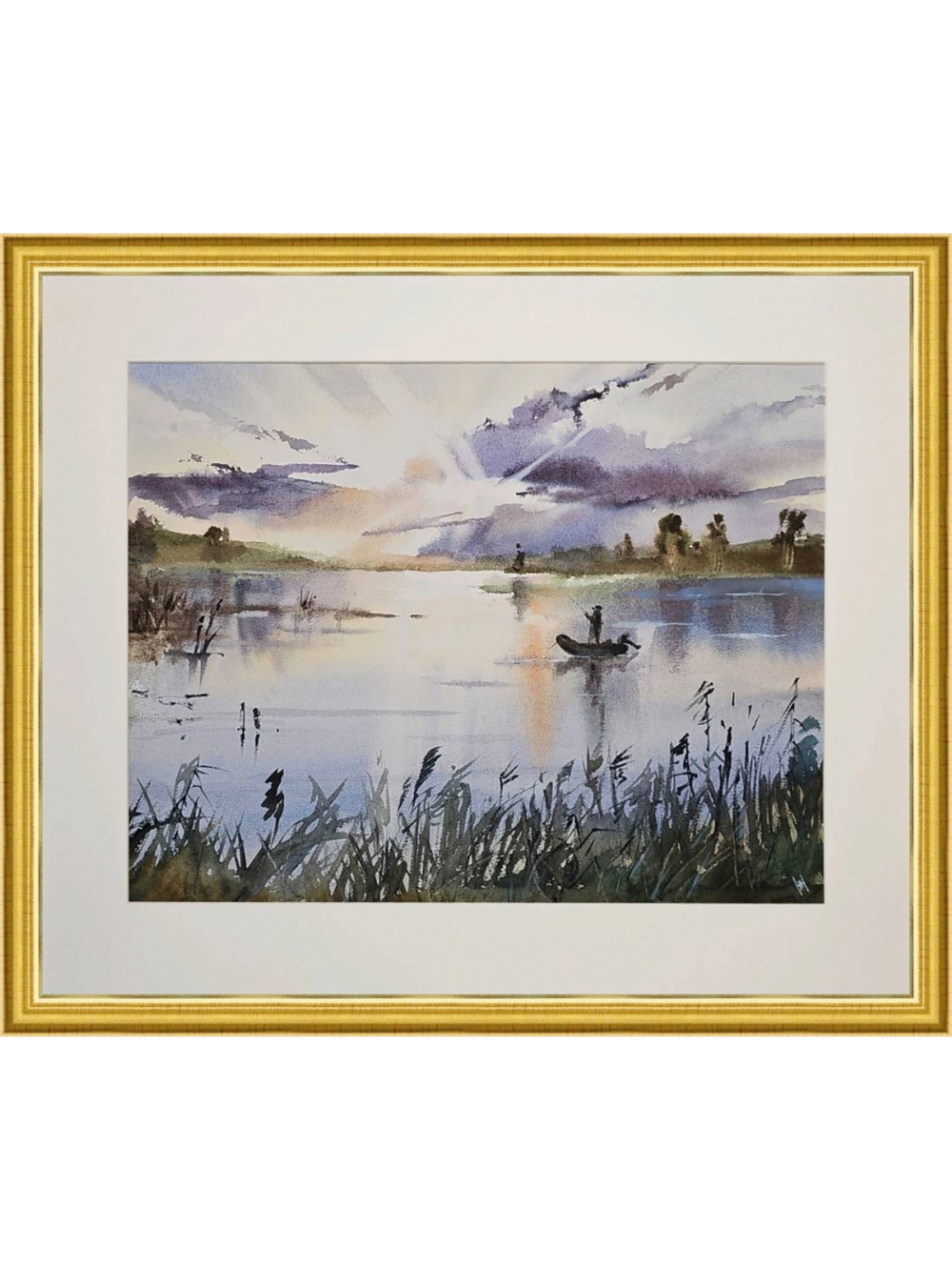 Картина авторская акварельная в паспарту 40х50 см на стену для интерьера "На вечерней зорьке"