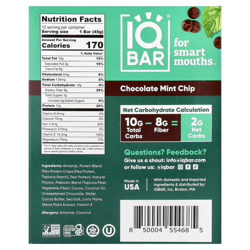 IQBAR, батончик растительного протеина, со вкусом шоколадной крошки и мяты, 12 батончиков по 45 г (1,6 унции)