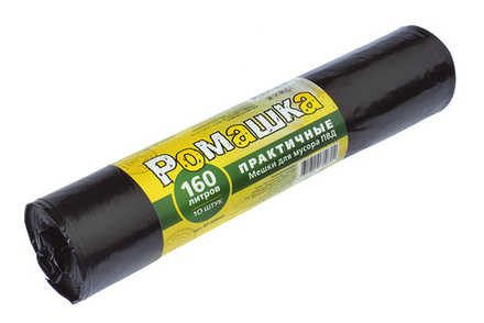 Мешки для мусора Ромашка 160л 10 шт/уп 45мкм 90смх110см черные вес рулона 710г вес мешка 71г ПВД дно плоское,без шва и боковых фальцев Ромашка ВР-0080Н