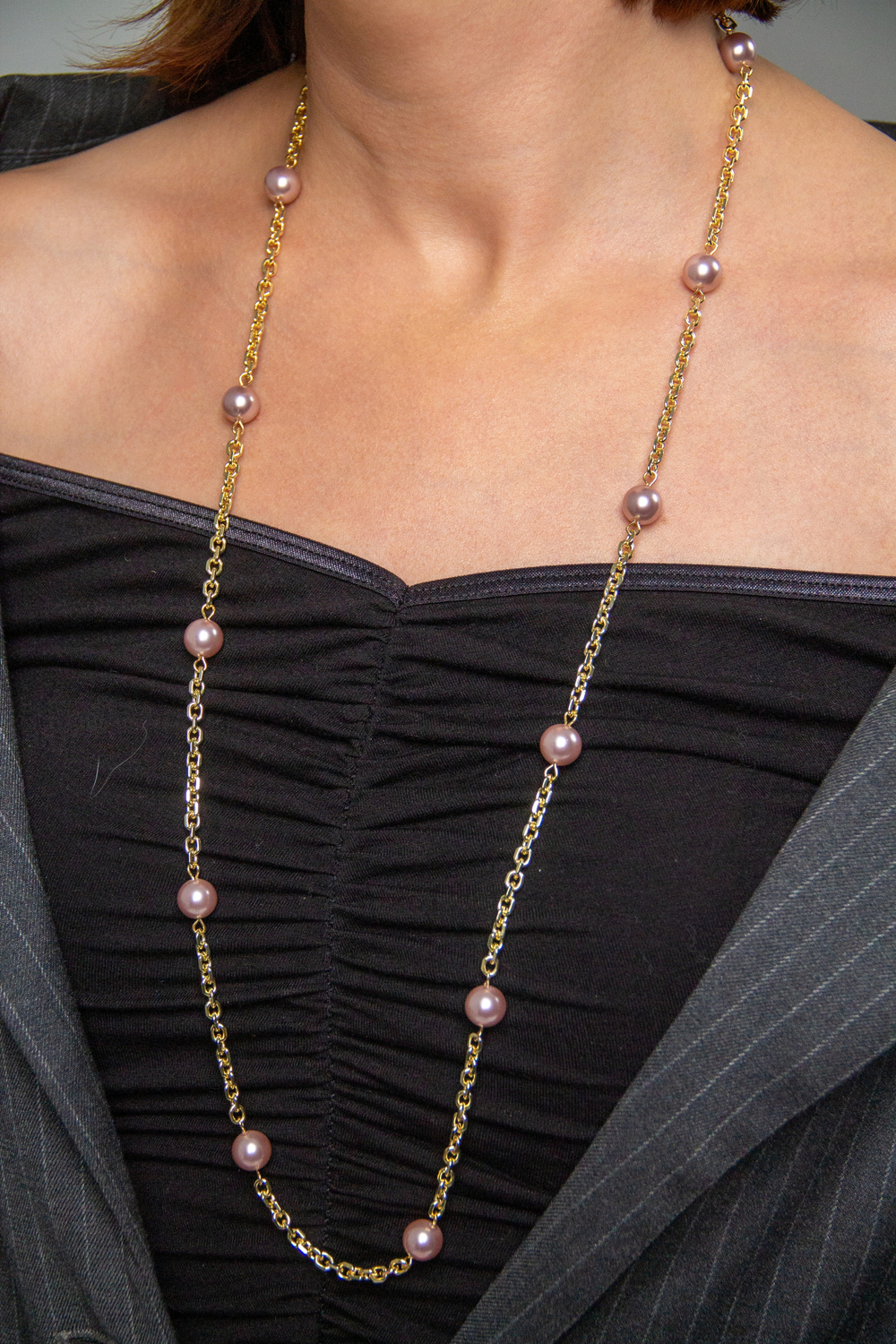 Колье "Бланш" 80 см из жемчуга розовый щербет на золотой цепочке
