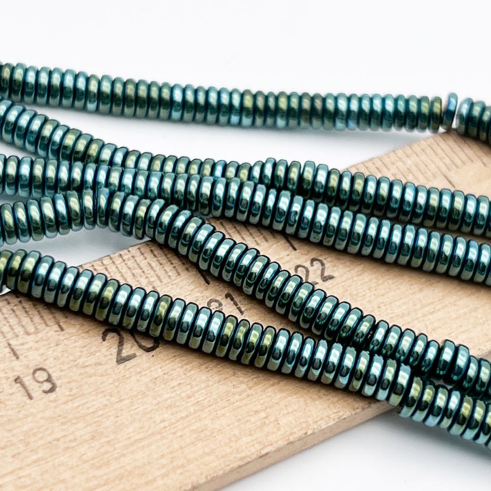 Гематит Рондель бусины (имитация), цвет зеленый, размер около 1*4 мм, цена за отрезок 19 см (1/2 нити)