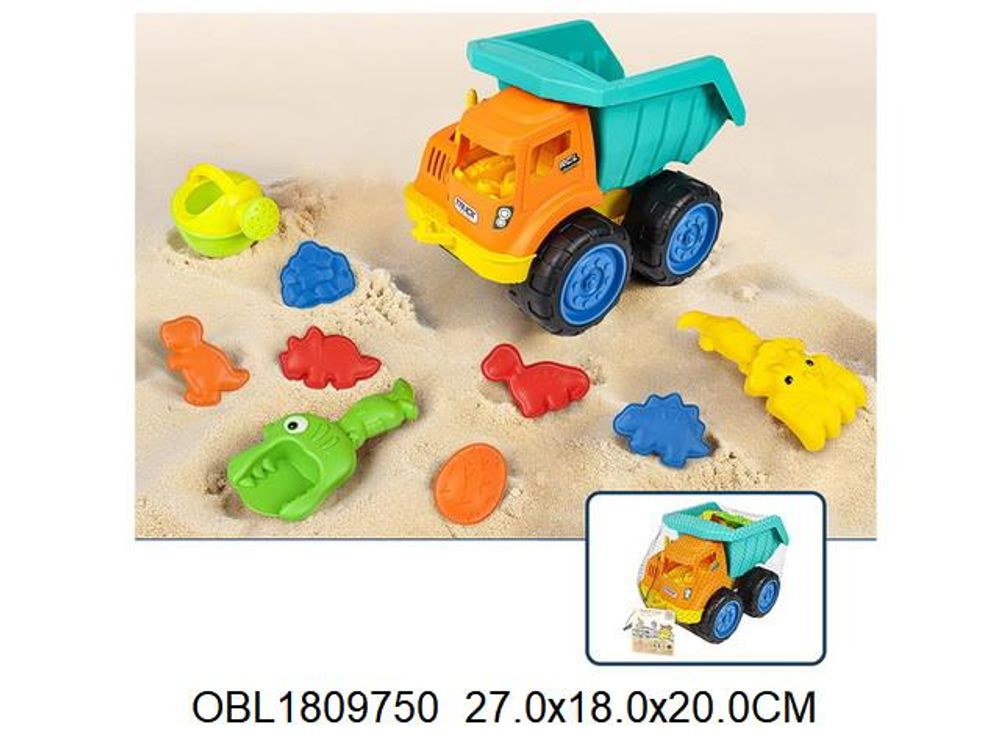 Набор для игры в песок 10 предм. Самосвал, лейка, совок, грабли, 6 формочек, сетка OBL1809750