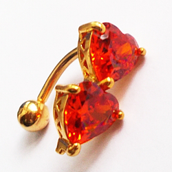 Сережка для пирсинга пупка "Два сердечка" с красными кристаллами из медицинской стали с покрытием золотом
