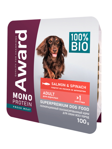 Влажный корм AWARD Monoprotein для взрослых собак паштет из лосося со шпинатом 100г