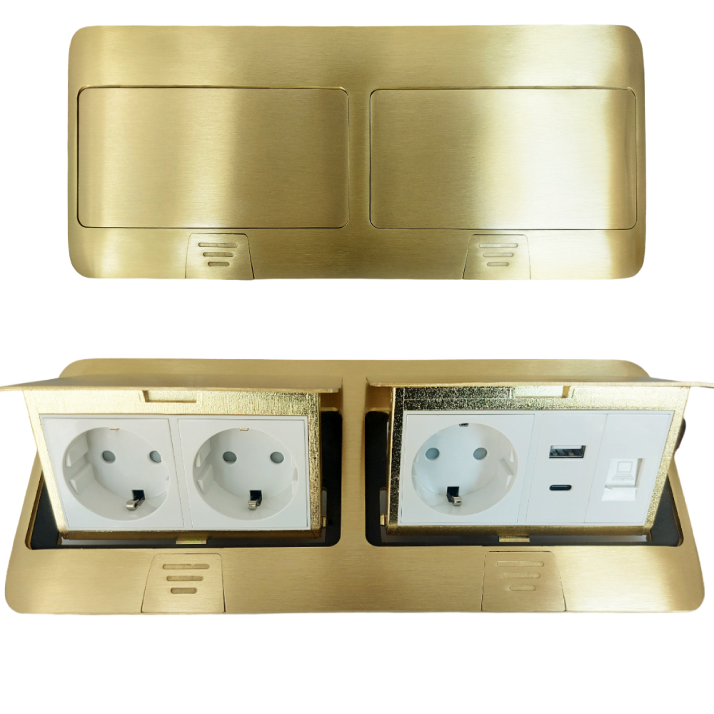 Лючок в пол 3-РОЗЕТКА + USB+TYPE-C + INT (цвет золото)