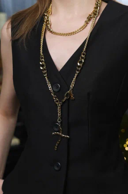 Колье длинная цепь-трансформер с крестом неправильной формы, оттенок золото