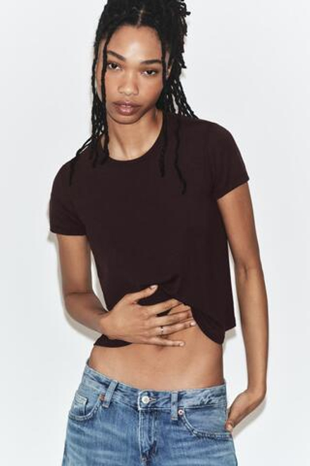 ZARA ФУТБОЛКА С ВЫРЕЗОМ НА СПИНЕ, ТЕМНО-КОРИЧНЕВЫЙ