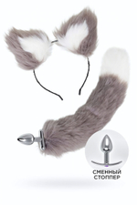 Анальная втулка с хвостом и ушки Toyfa Metal серебристая 44,4 см