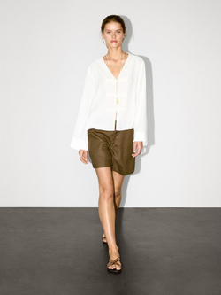 Massimo Dutti Блуза из струящейся льняной ткани с V-образным вырезом, белый