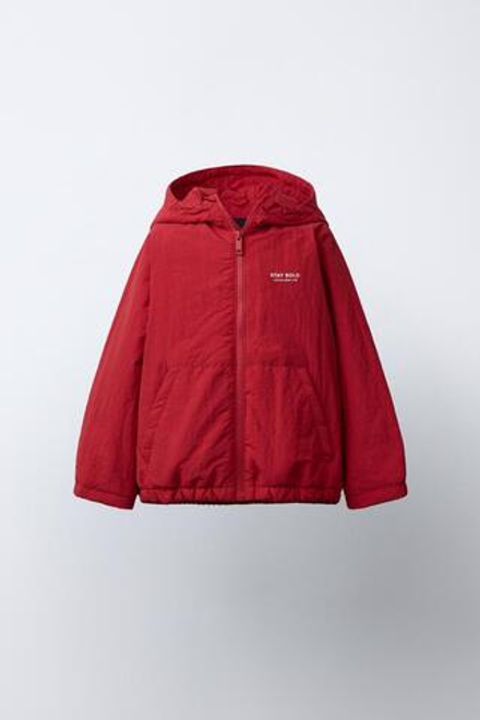 ZARA СТЕГАНАЯ КУРТКА С КАПЮШОНОМ, ЯРКО-КРАСНЫЙ