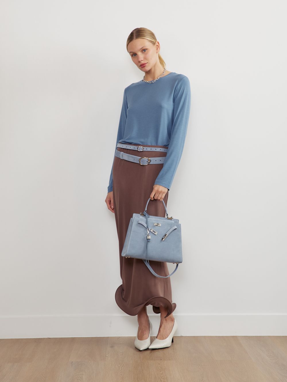 БАЗОВЫЙ РЕМЕНЬ С МЯТОЙ ПРЯЖКОЙ ЗАМША ГОЛУБОЙ