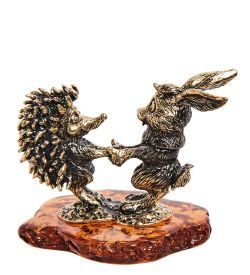 AM-2751 Фигурка «Заяц с ежиком друзья» (латунь, янтарь)