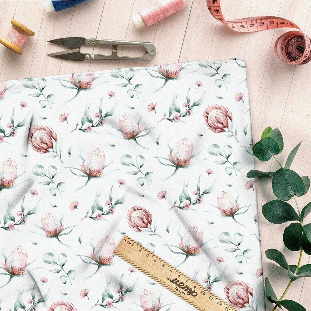 Ткань интерлок клевер с листьями акварельный