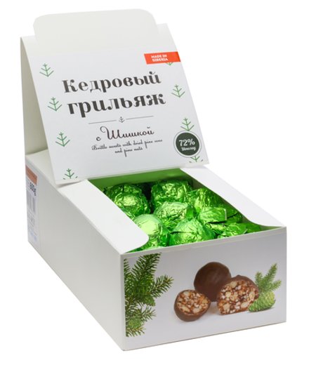Кедровый грильяж "с Сосновой шишкой" / шоколад 72% / шоу-бокс / 530 гр / 39-40 шт / Солнечная Сибирь