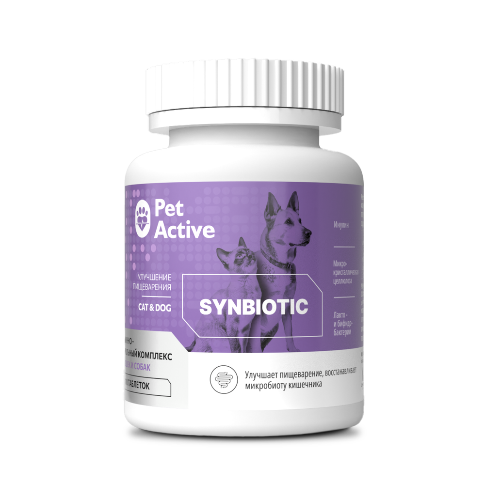 PETACTIVE Витаминно-минеральный комплекс для кошек и собак Синбиотик для улучшения пищеварения (100 таблеток)