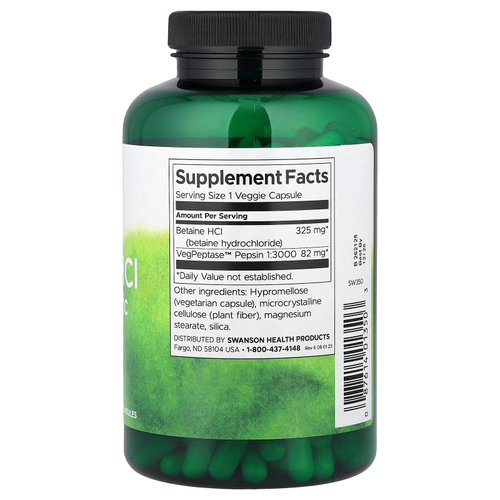 Swanson, бетаин гидрохлорид, соляная кислота с VegPeptase™, 250 растительных капсул