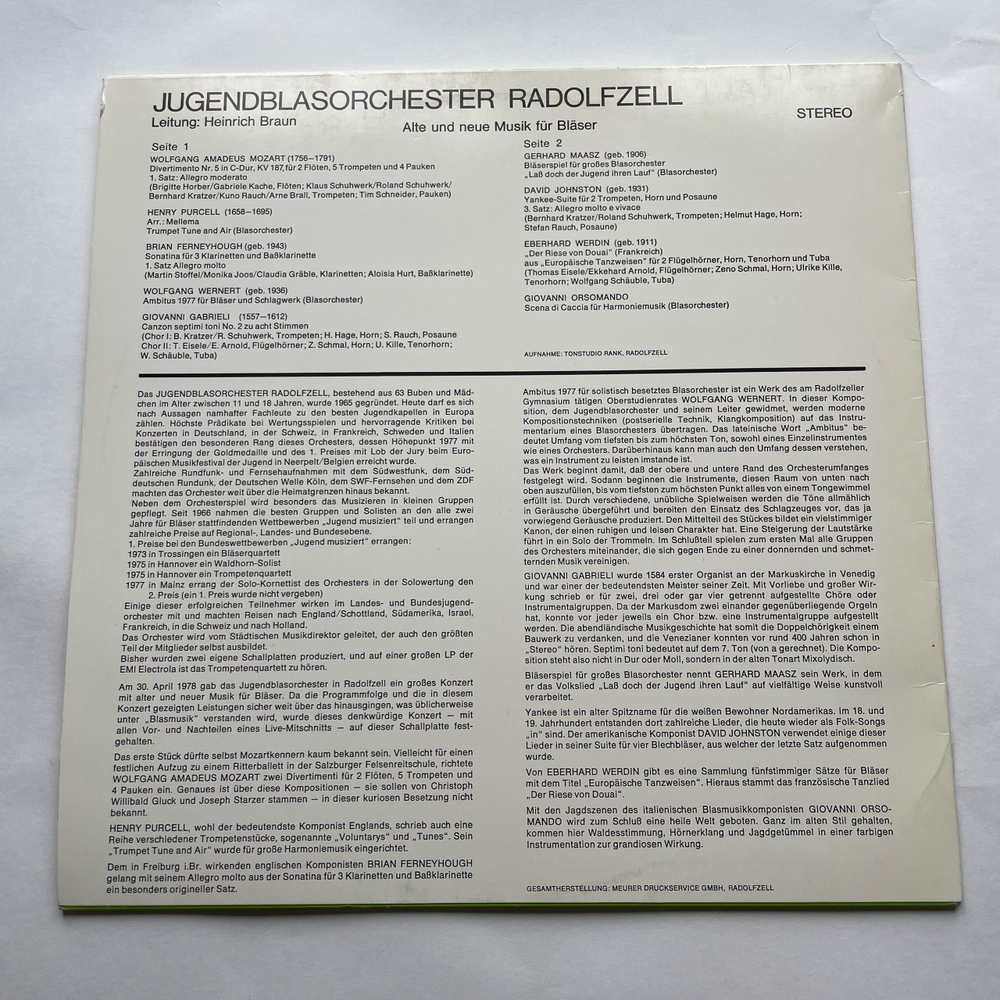 Винтажная виниловая пластинка LP Сборник Классческой Музыки Jugendblasorchester Radolfzell Live In Concert (Германия 1978)