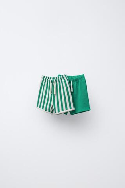ZARA НАБОР ИЗ ДВУХ БЕРМУД: ОДНОТОННЫХ И В ПОЛОСКУ, ЗЕЛЕНЫЙ/ЭКРЮ