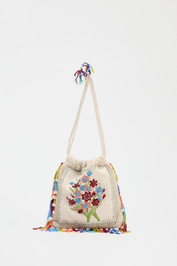 ZARA СУМКА-МЕШОК С ЦВЕТОЧНОЙ ВЫШИВКОЙ, РАЗНОЦВЕТНЫЙ