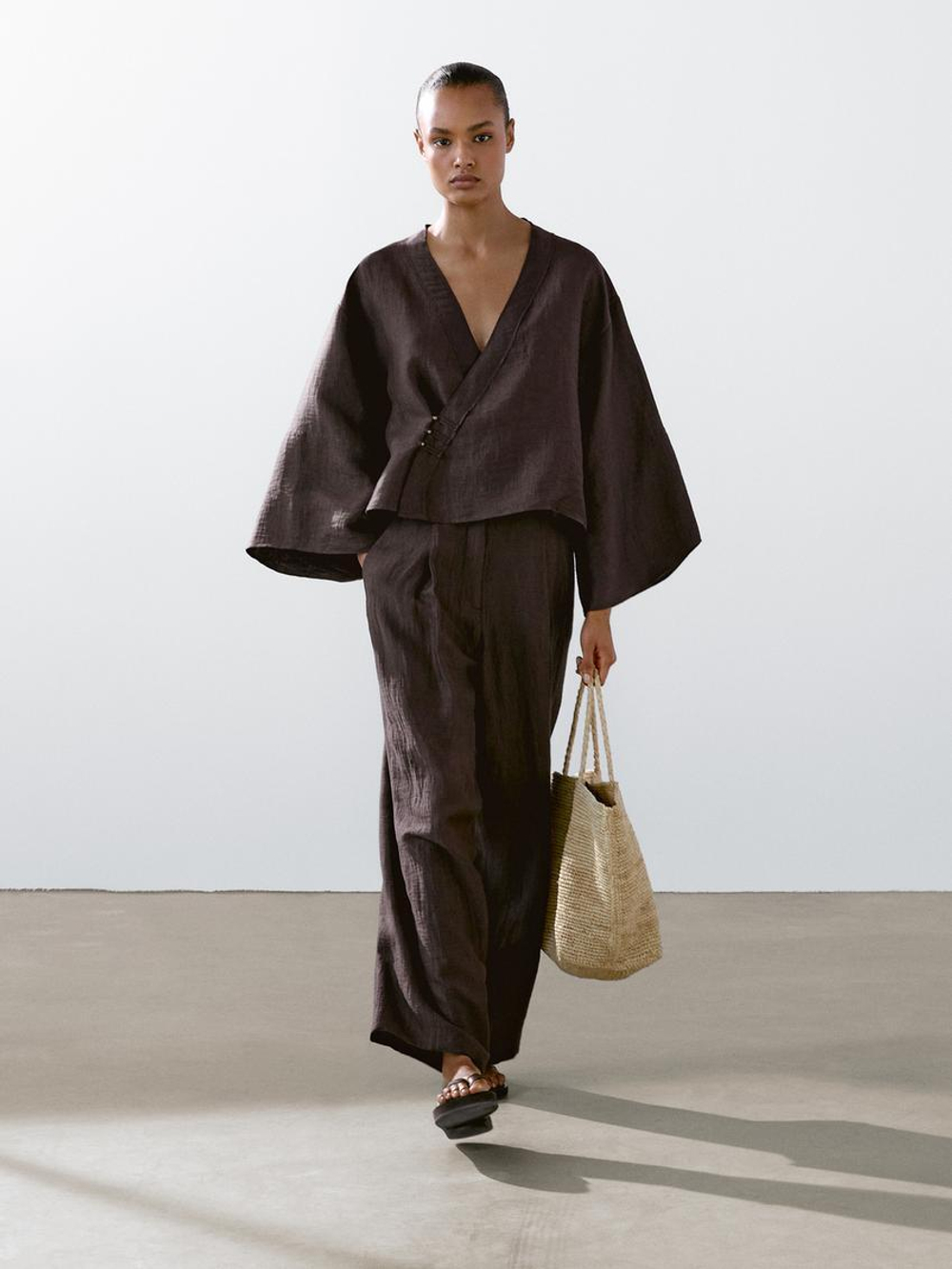 Massimo Dutti Кимоно из смесового льна внахлест, баклажанный