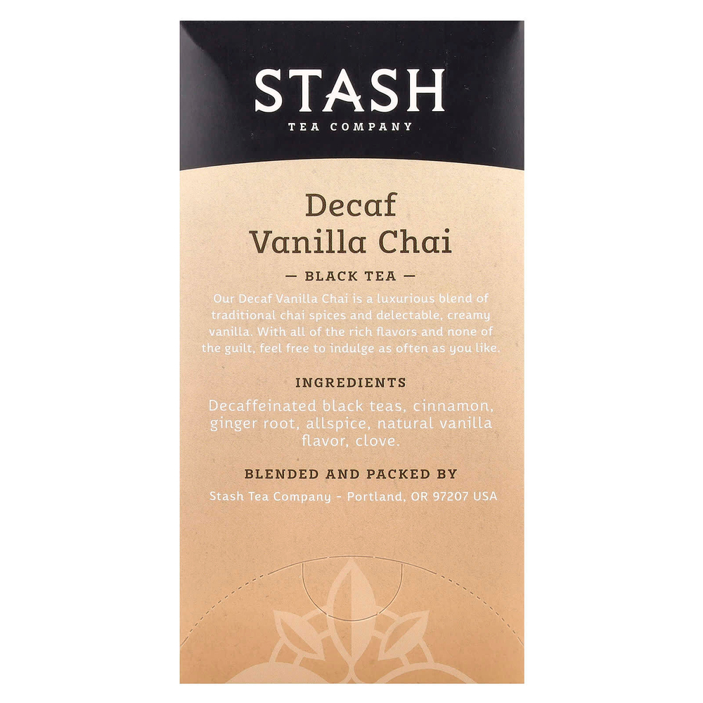 Stash Tea, черный чай, ванильный чай, без кофеина, 18 чайных пакетиков, 36 г (1,2 унции)