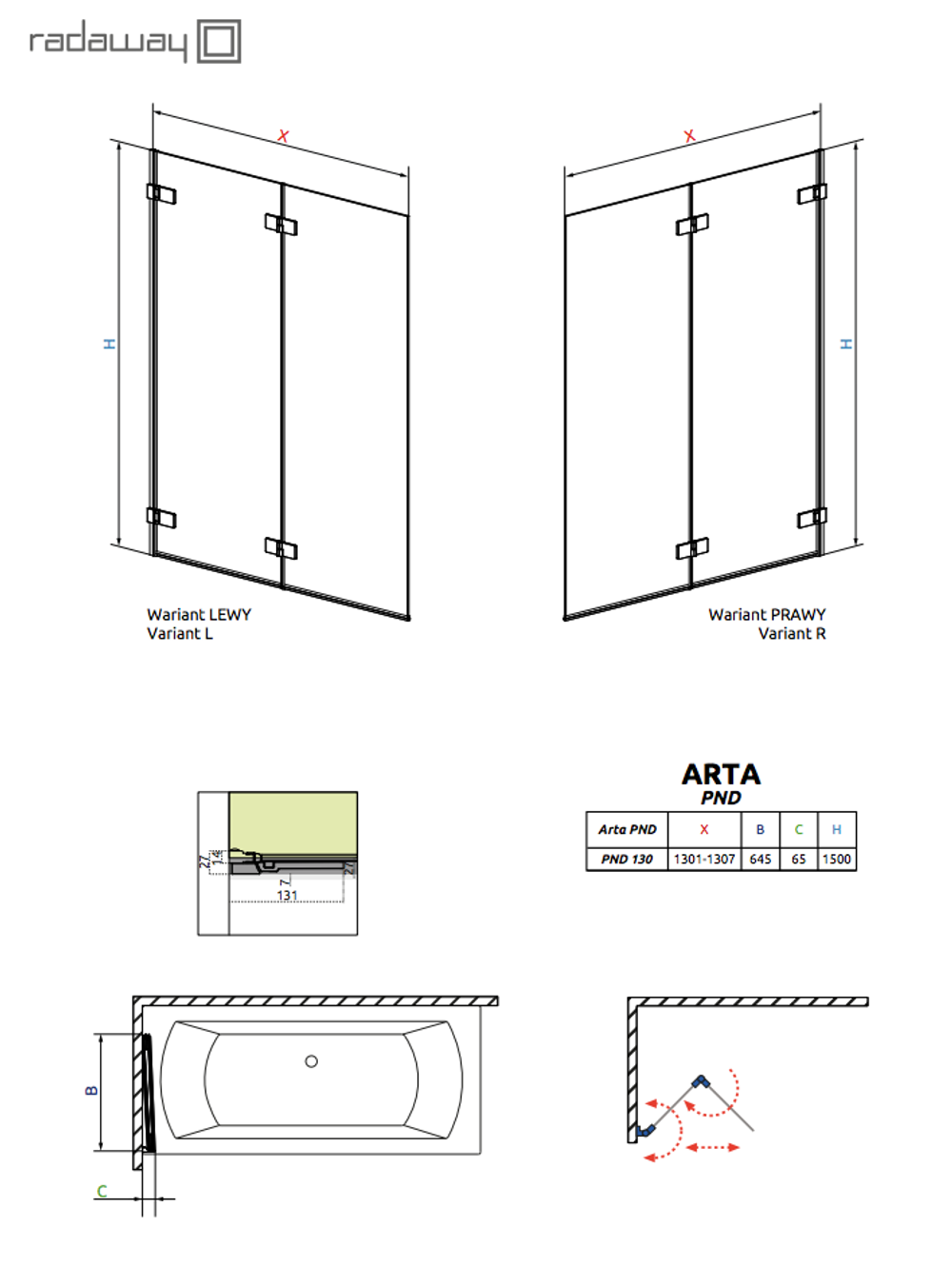 Шторка на ванну Radaway Arta PND 130x150 левая, крепится слева схема