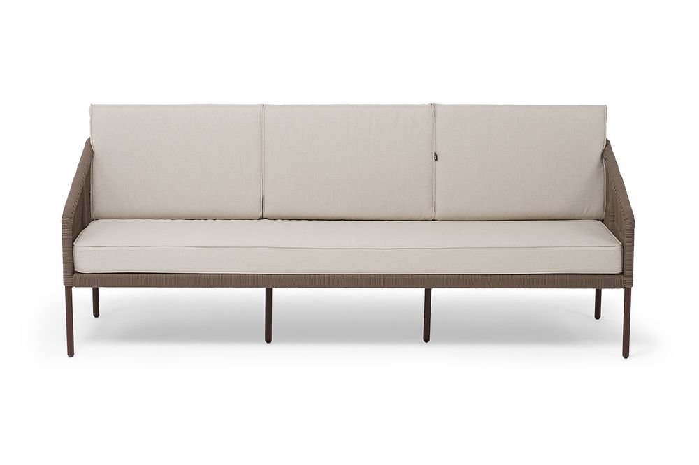 "Канны" диван 3-местный плетеный из роупа, каркас алюминий коричневый (RAL8016) муар, роуп коричневый круглый, ткань бежевая 15052