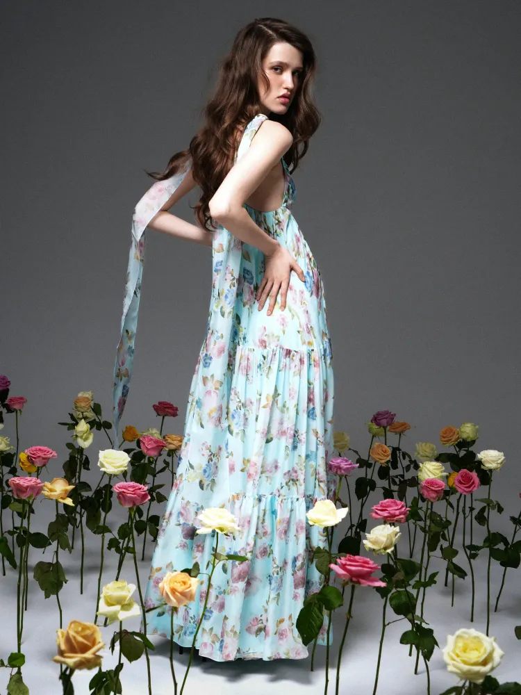 Флёр макси (Fleur maxi), платье макси из голубого шифона с цветочным принтом