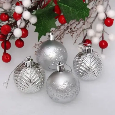 Новогодние шары 5 см (набор 4 шт) «Лесная тайна», серебро