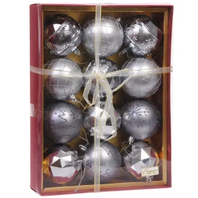 Новогодние шары «Волшебный вальс» 8 см (набор 12 шт), Графит/Серебро