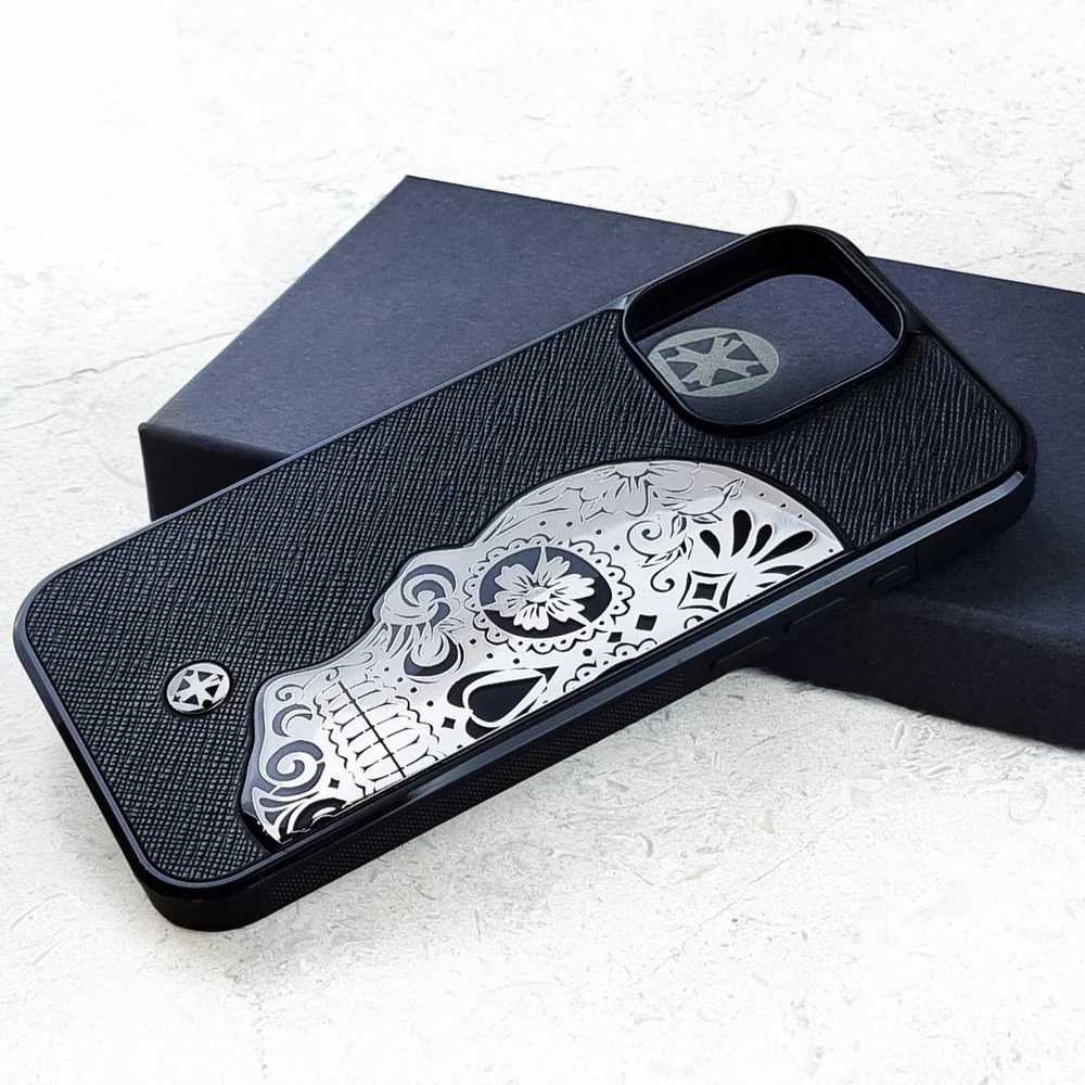 Брендовый чехол iPhone с черепом на натуральной коже Saffiano - Euphoria HM Premium - модный аксессуар, брендовый чехол для iPhone