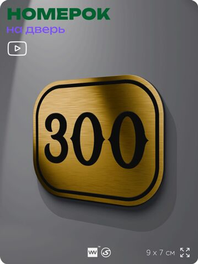 Номерок на дверь квартиры 300, для кабинета, офиса, шильдик 9 х 7 см, золотистый, Айдентика Технолоджи