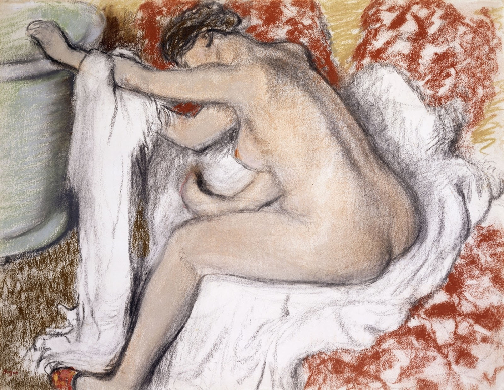 Эдгар Дега. 1885 (ок). После купания (After the Bath). 44 х 24. Бумага, пастель и уголь. Частное собрание.
