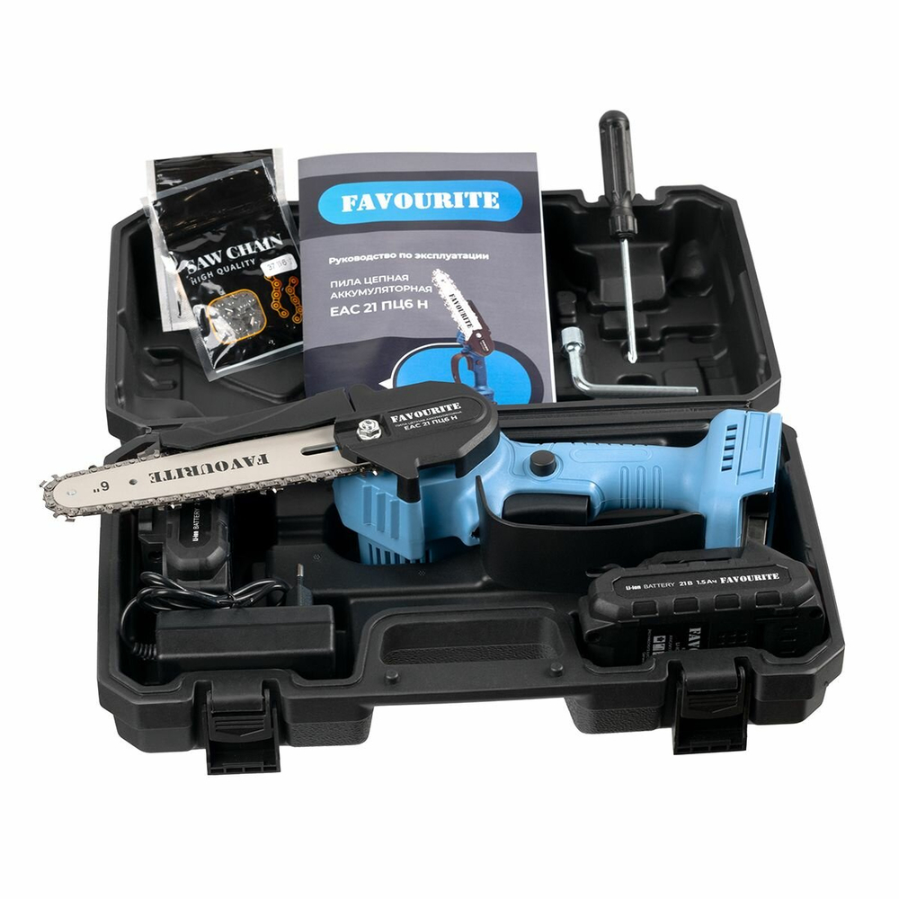 Пила цепная аккумуляторная FAVOURITE ЕАС 21 ПЦ6 Н , 21 В, 1.5 Ач, 5.7 м/с, 37 звеньев
