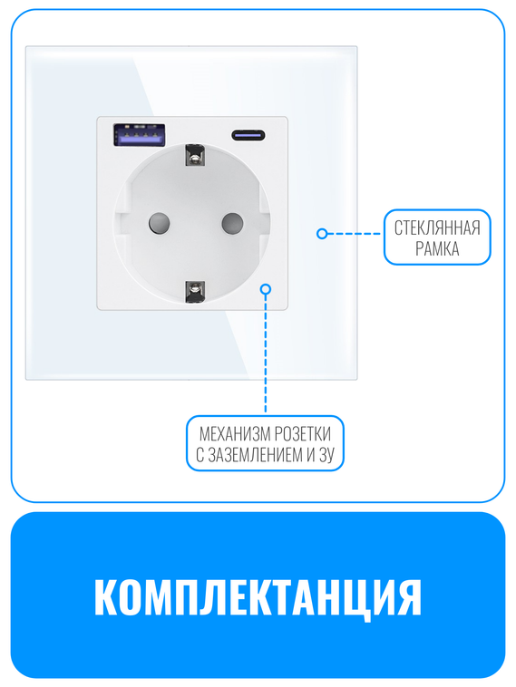 Розетка с зарядным устройством USB и Type-C Smart Aura серия Classic с рамкой из стекла