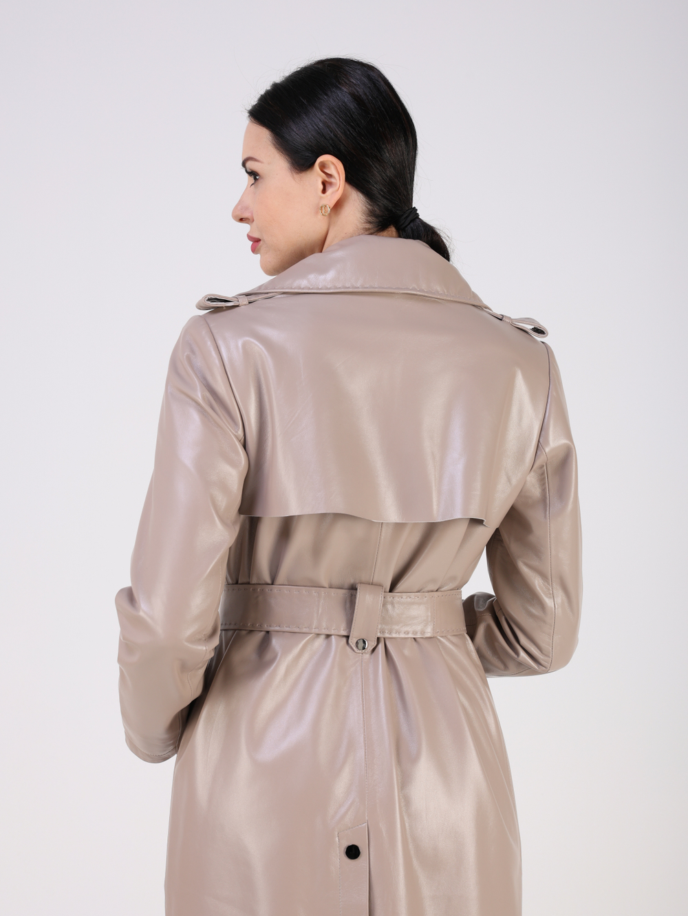 Тренч длинный кожаный с поясом плащ