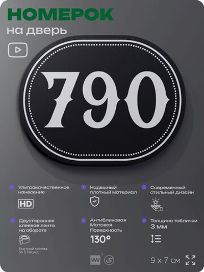 Номерок на дверь квартиры 790, для кабинета, офиса, шильдик 9 х 7 см, черный, Айдентика Технолоджи