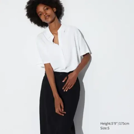 UNIQLO БЛУЗКА ИЗ ВИСКОЗЫ С КОРОТКИМИ РУКАВАМИ, БЕЛЫЙ