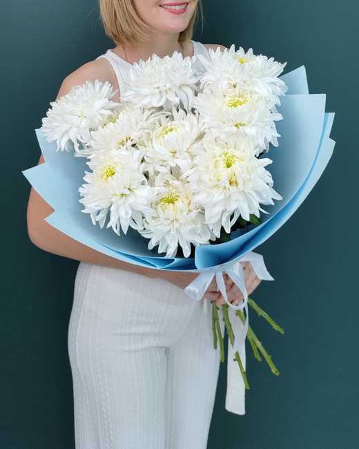 Букет одноголовой хризантемы белая,9 веток(00339)