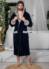 Махровый халат с капюшоном синий
