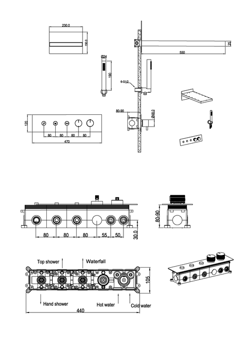 Boheme Встроенная душевая система FUSION с термостатом, трехпозиционная MATT GOLD