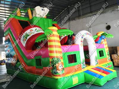 Детский надувной батут-горка "Слоник в джунглях" с окнами по бокам и птичками, 7*5*6 м