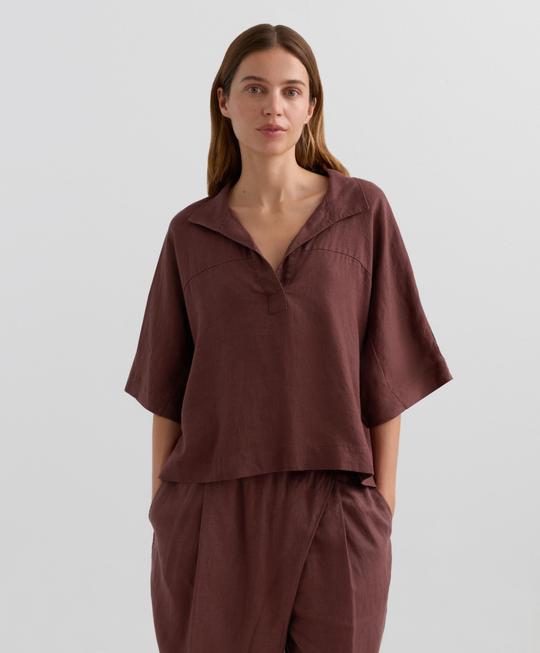 Oysho Рубашка свободного кроя с коротким рукавом из 100% льна, винный